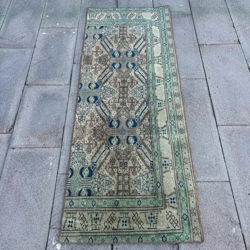 Zarif Yeşil ve Mavi İran Halısı, 2,2x5,8 ft