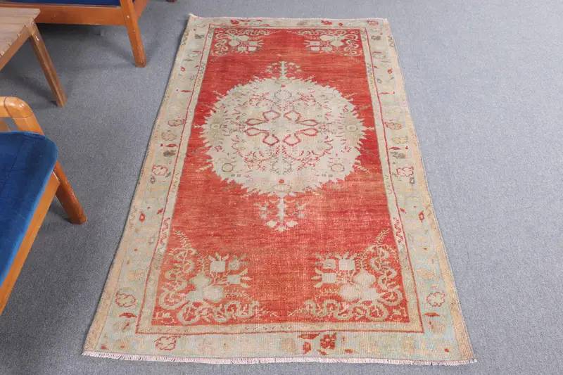 3.37x5.9 ft Türk Aksanlı Halı, Kırmızı Beyaz Vintage Bitkiler ve ağaçlar Yün Halı - 1