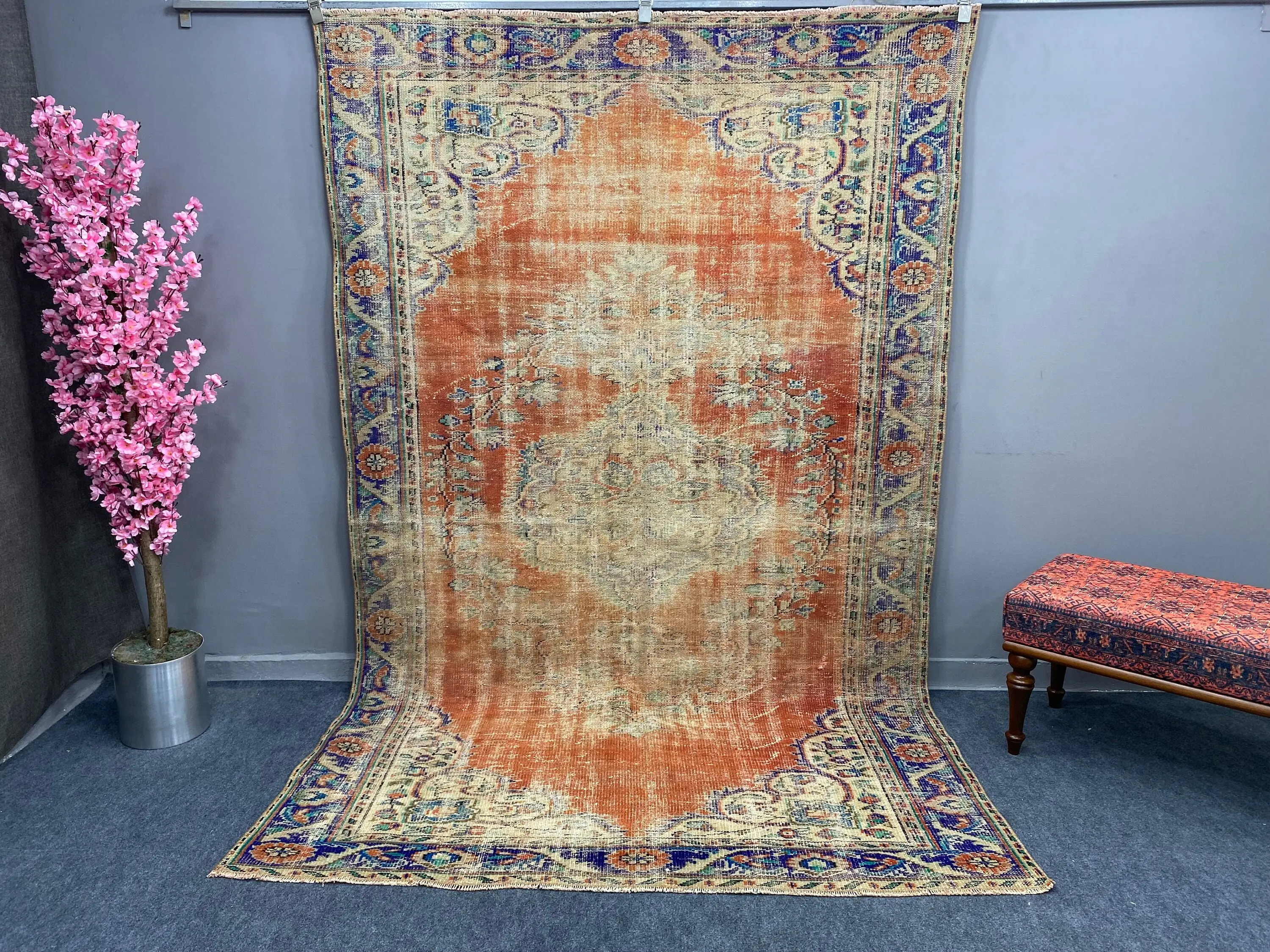 Türk Vintage Büyük Halı 5.8x9.2 ft, Kırmızı Soyut Halı Yün - 1