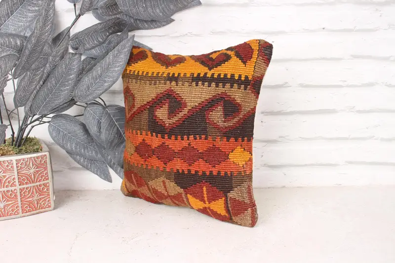 Art Deco Pillow Cover, Tapestry Cushion, Handmade Kilim Cushion, Turkish Kilim Pillow, 12x12 Brown Cushion, Antique Pillows, Pillow Sham - 4
