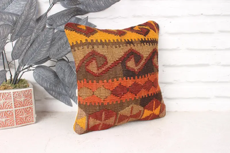 Art Deco Pillow Cover, Tapestry Cushion, Handmade Kilim Cushion, Turkish Kilim Pillow, 12x12 Brown Cushion, Antique Pillows, Pillow Sham - 3