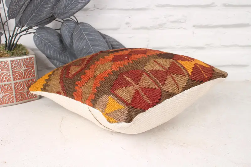Art Deco Pillow Cover, Tapestry Cushion, Handmade Kilim Cushion, Turkish Kilim Pillow, 12x12 Brown Cushion, Antique Pillows, Pillow Sham - 6