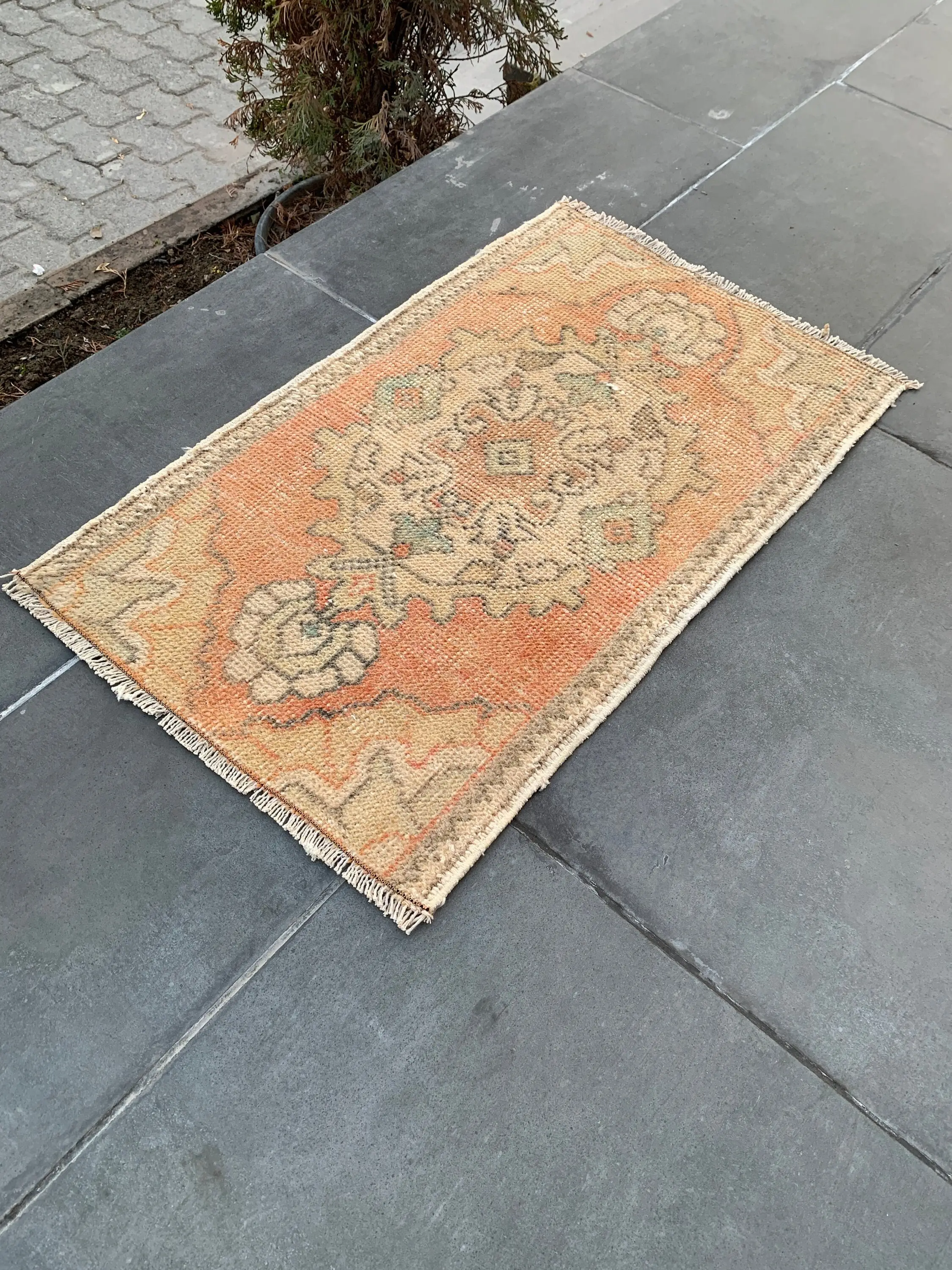 Vintage Rug, Small 1.6x2.7 ft Turkish Rug, Orange Brown Floral Wool Rug - 1