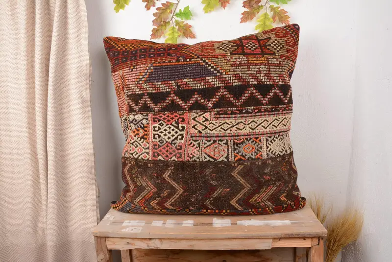 Brown & Beige Patchwork Throw Pillow, Vintage Embroidered Cushion