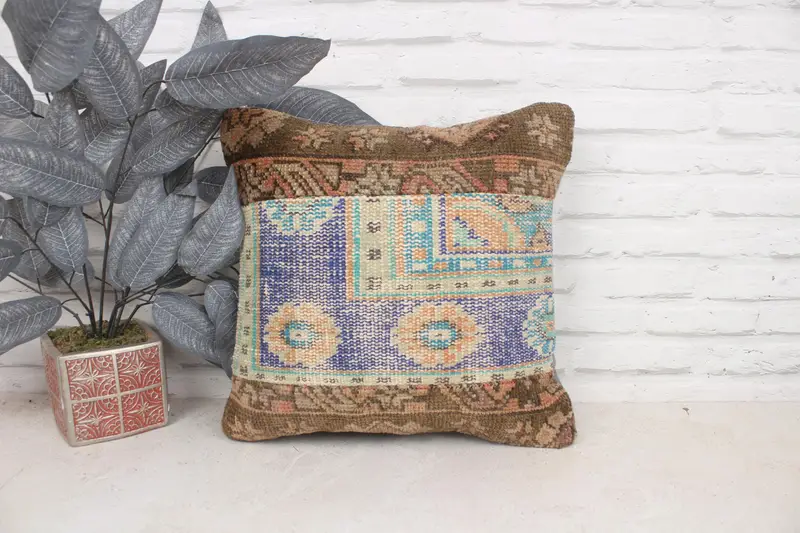 Kilim Cushion Sham, Turkish Pillow, 16x16 Blue Cushion Case, Antique Pillows, Hippie Throw Pillow Case, Cushion, Outdoor Pillow Cover - 1