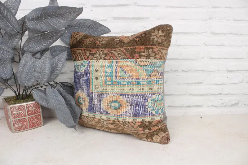 Kilim Cushion Sham, Turkish Pillow, 16x16 Blue Cushion Case, Antique Pillows, Hippie Throw Pillow Case, Cushion, Outdoor Pillow Cover - 4