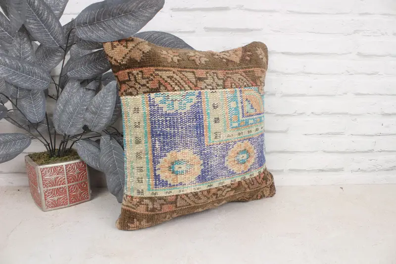 Kilim Cushion Sham, Turkish Pillow, 16x16 Blue Cushion Case, Antique Pillows, Hippie Throw Pillow Case, Cushion, Outdoor Pillow Cover - 3