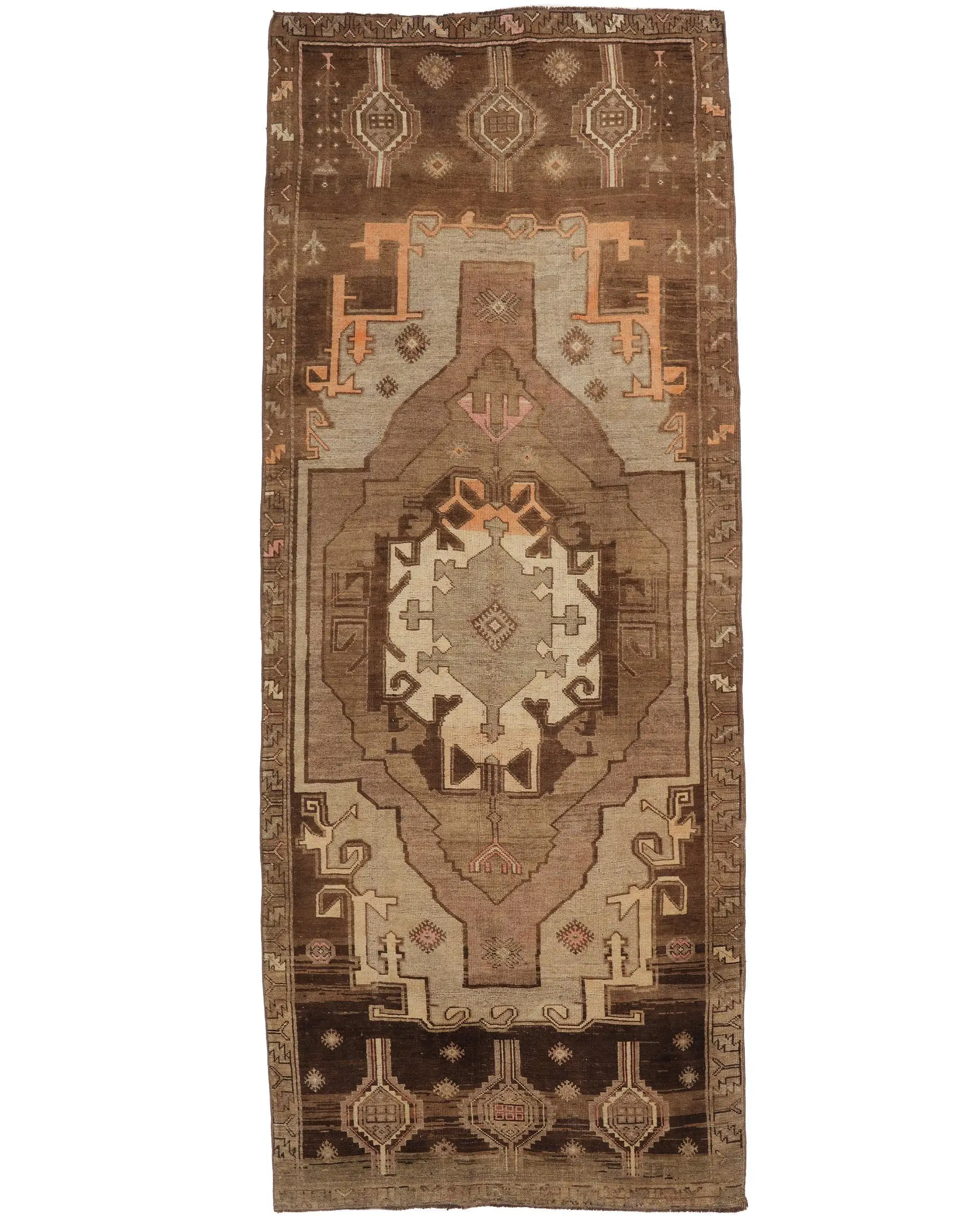Turkish 4.4x11.3 ft Rug, Vintage Runner Rug, Brown Floral Rug - 1