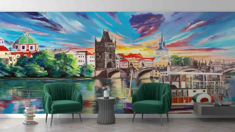 Prague View Wall Poster, Oil Wall Decals, Prague City Landscape Digital Paper, Landscape Wall Painting, Bright Wall Paper, View Wall Art, - 7