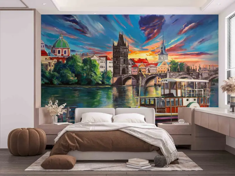 Prague View Wall Poster, Oil Wall Decals, Prague City Landscape Digital Paper, Landscape Wall Painting, Bright Wall Paper, View Wall Art, - 4