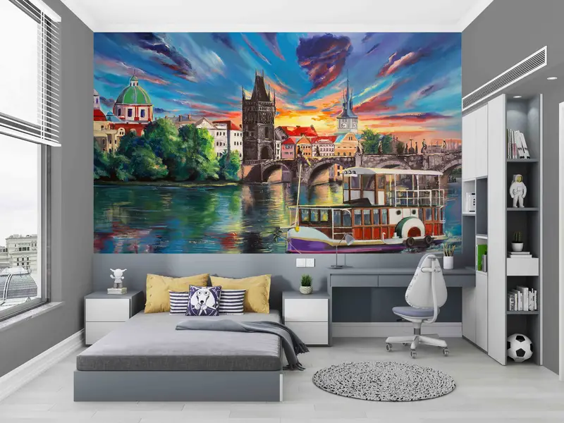 Prague View Wall Poster, Oil Wall Decals, Prague City Landscape Digital Paper, Landscape Wall Painting, Bright Wall Paper, View Wall Art, - 3