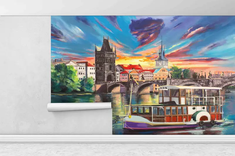 Prague View Wall Poster, Oil Wall Decals, Prague City Landscape Digital Paper, Landscape Wall Painting, Bright Wall Paper, View Wall Art, - 1