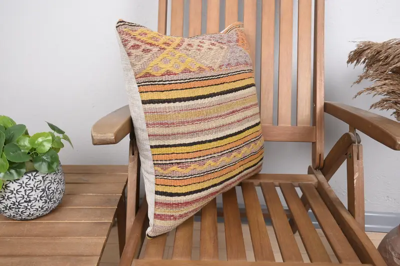 Turkish Pillow, Antique Pillows, Toss Cushion, Meditation Pillow Sham, Pillow Sham, 18x18 Yellow Pillow Sham, Turkish Kilim Pillow - 2