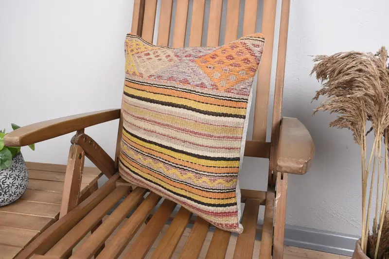 Turkish Pillow, Antique Pillows, Toss Cushion, Meditation Pillow Sham, Pillow Sham, 18x18 Yellow Pillow Sham, Turkish Kilim Pillow - 3