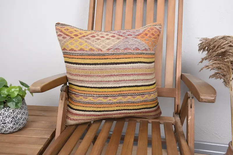 Turkish Pillow, Antique Pillows, Toss Cushion, Meditation Pillow Sham, Pillow Sham, 18x18 Yellow Pillow Sham, Turkish Kilim Pillow - 1