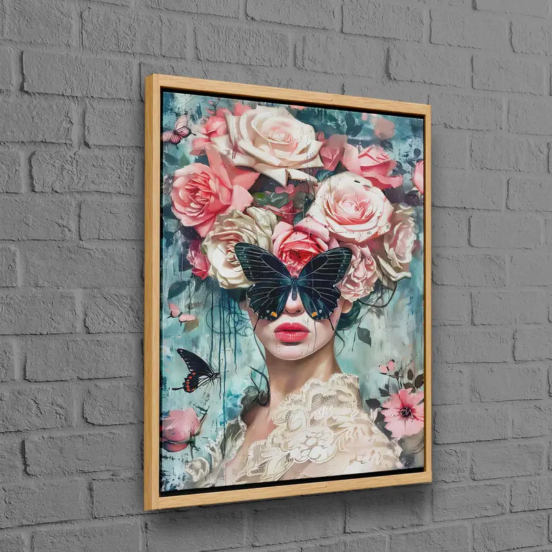 Eleganter Schmetterlings- und Blumenfrau-Leinwanddruck