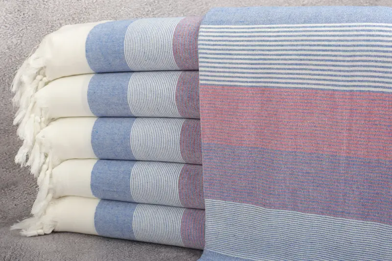 Turkish Bath Towel Navy and Red Striped Peshtemal, 40x67 Inches