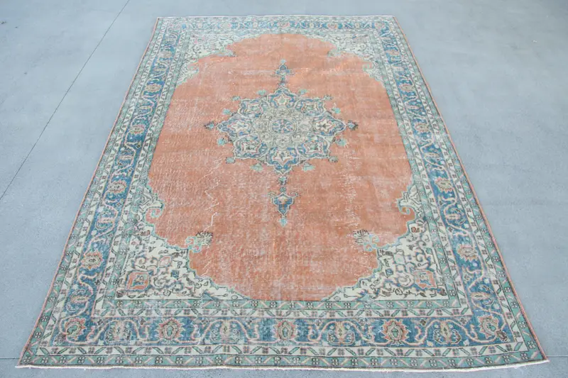 Vibrant Orange & Blue Rug, 6,8x9,7 ft Polka Dot Design