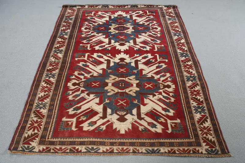 4.9x6.2 ft Oushak Halı, Vintage Türk Halısı, Kırmızı Mavi Puantiyeli Halı - 1