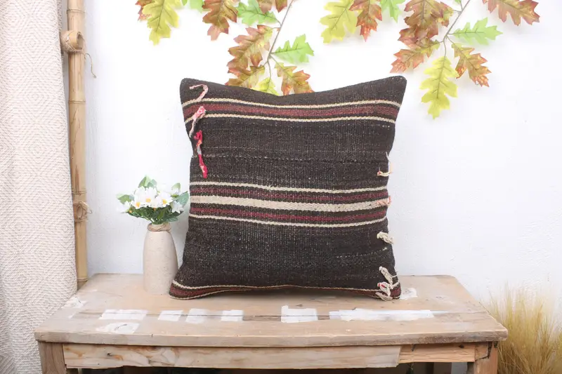 Bolster Cushion, Kilim Pillow, Turkish Rugs Cushion Case, Ethnical Kilim Rug Pillow, 18x18 Brown Pillow Cover, Handmade Kilim Cushion, Pillow Case - 1