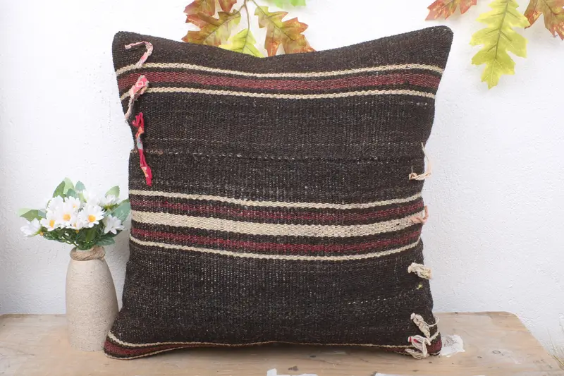 Bolster Cushion, Kilim Pillow, Turkish Rugs Cushion Case, Ethnical Kilim Rug Pillow, 18x18 Brown Pillow Cover, Handmade Kilim Cushion, Pillow Case - 2