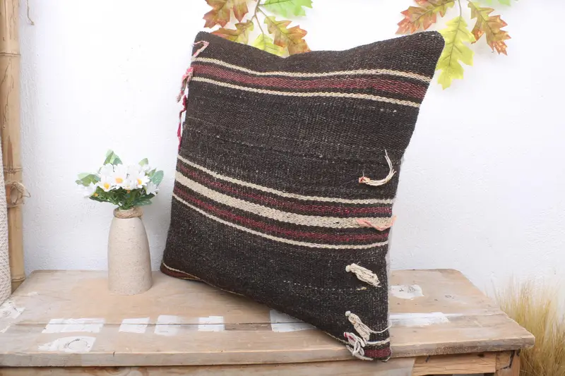 Bolster Cushion, Kilim Pillow, Turkish Rugs Cushion Case, Ethnical Kilim Rug Pillow, 18x18 Brown Pillow Cover, Handmade Kilim Cushion, Pillow Case - 4