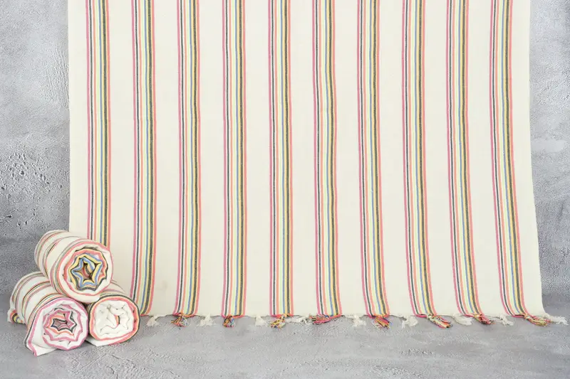 Custom Turkish Towel Beige Rainbow Striped Bath Towel, 38x71 Inches