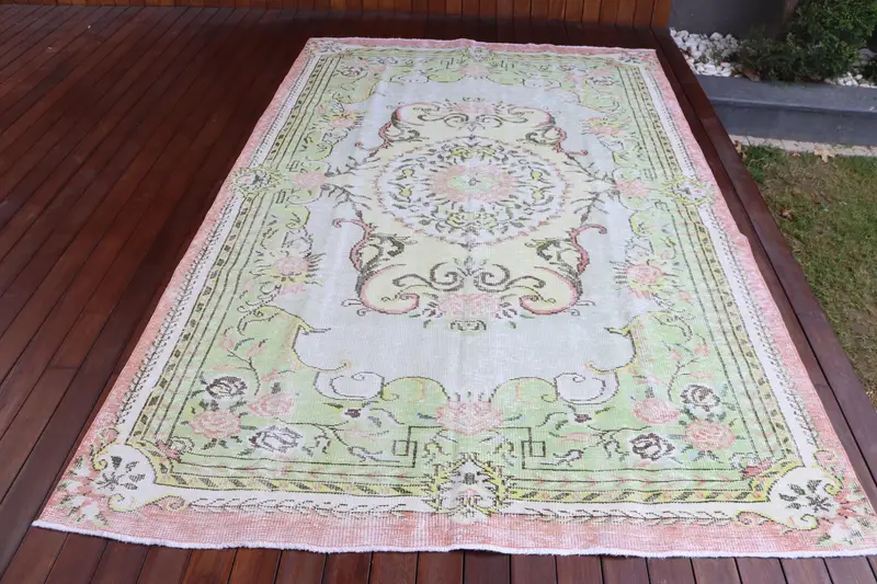 5.9x9.2 ft Oushak Turkish Rug, Green Oriental Vintage Rug Wool - 1