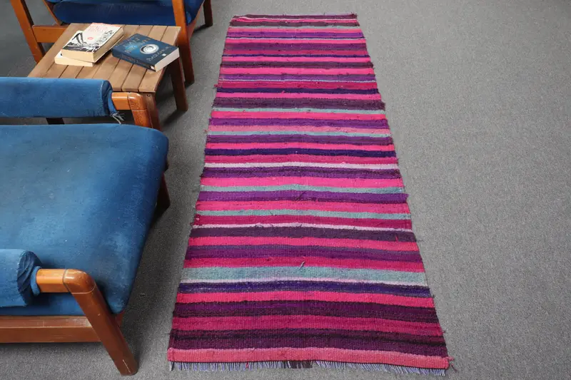 Vintage Teppich, 2,7x7,3 ft Läuferteppich, rosa lila Kelim Wollteppich - 1