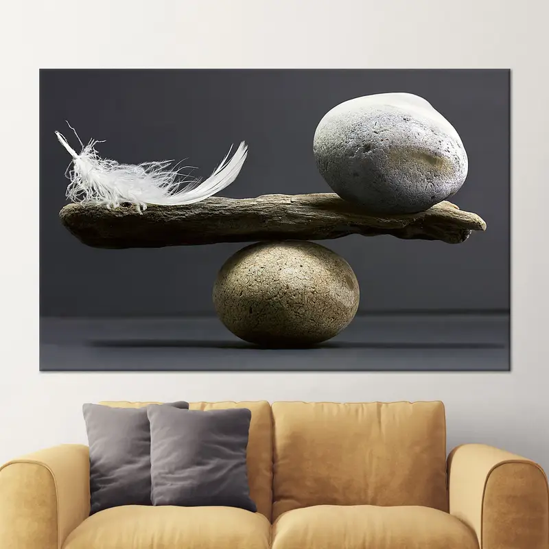 エレガントなバランス: ストーンとフェザーをフィーチャーしたプリント キャンバス
