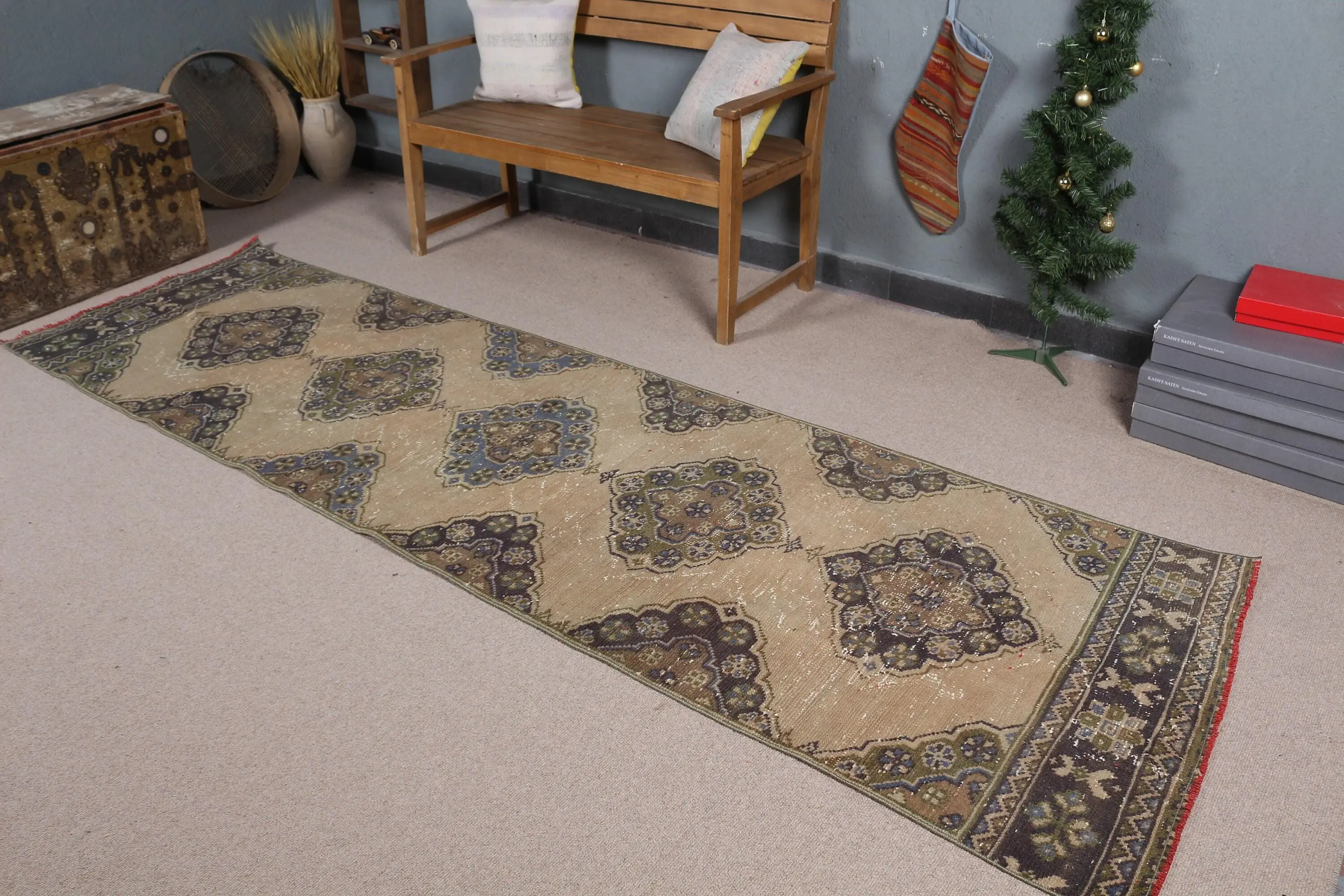 Turkish Rug, Runner 3.1x10.5 ft Rug, Brown Striped Rug - 1