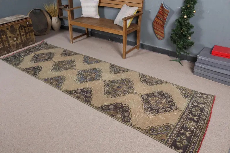 Alfombra Elegante Beige y Azul, Diseño de Rayas 9x3,5m