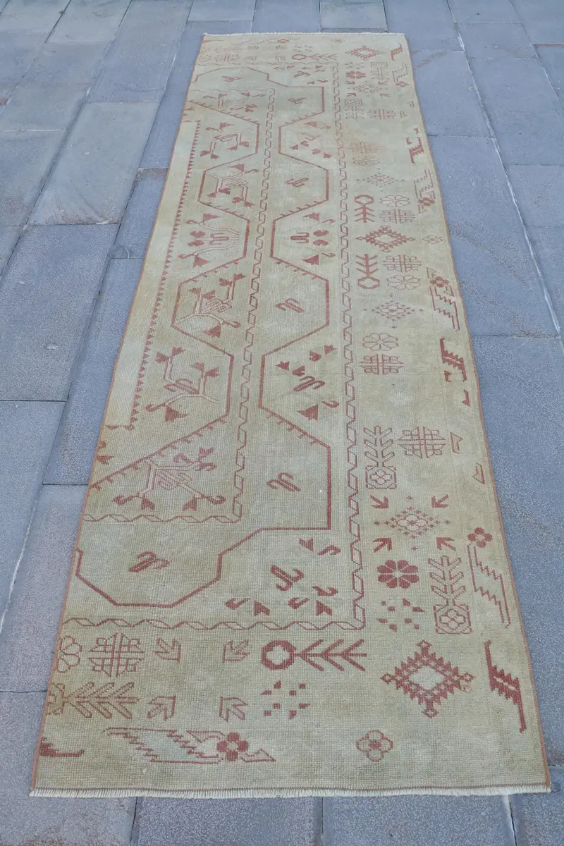 グリーン & パープル ラグ、2.8x9.6 フィート ストライプ幾何学デザイン