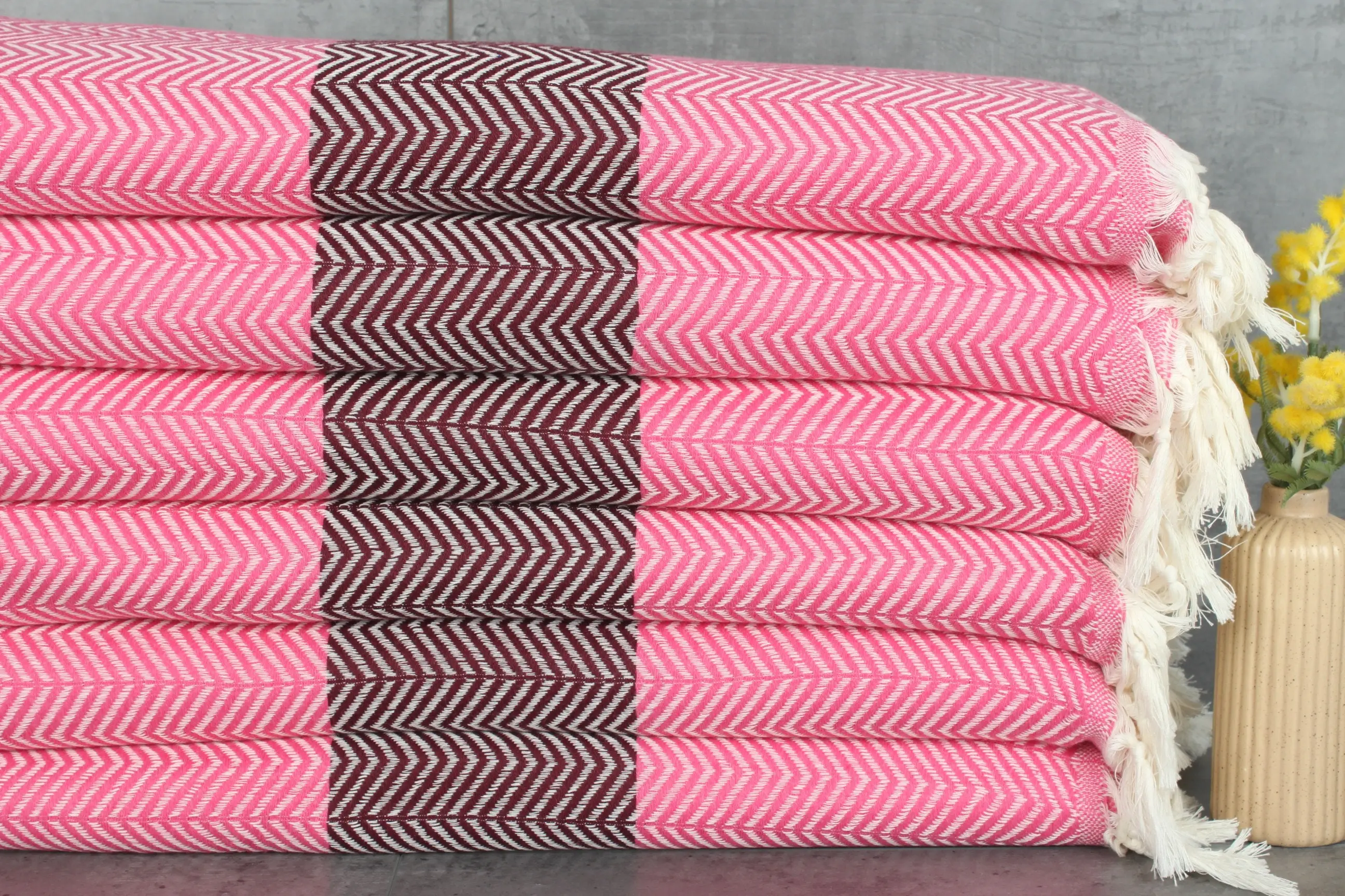 Throw Blanket Pink-Burgundy Cotton Chevron, 79x83 Inches - 1