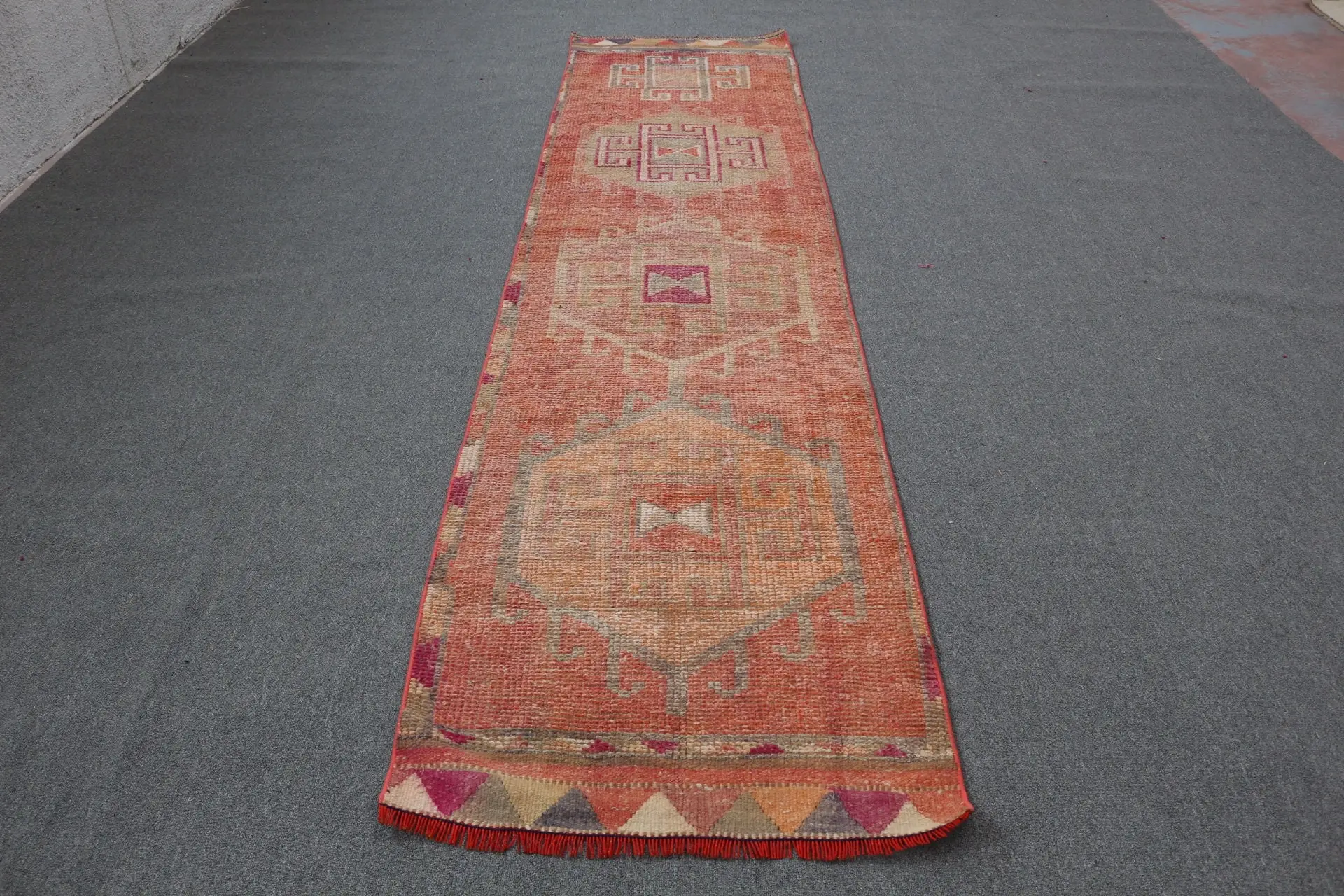 Vintage 2.7x11.1 ft Rug, Runner Turkish Rug, Red Oriental Wool Rug - 1