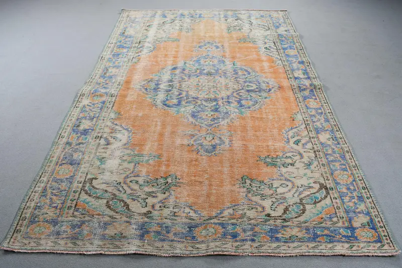 Turkish 5.8x8.7 ft Rug, Oushak Vintage Rug, Orange Floral Rug Wool - 1