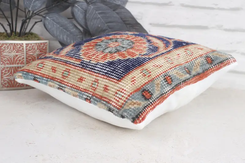 Cushion Cover, Turkish Kilim Pillow, Customized Pillow Sham, Art Deco Cushion, Vintage Kilim Pillow, 12x12 Blue Pillow Cover, Handmade Kilim Cushion - 6