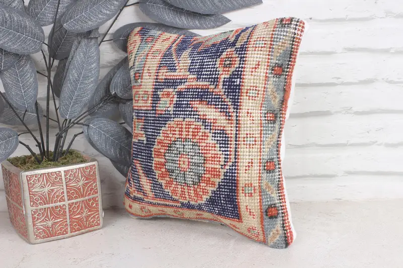 Cushion Cover, Turkish Kilim Pillow, Customized Pillow Sham, Art Deco Cushion, Vintage Kilim Pillow, 12x12 Blue Pillow Cover, Handmade Kilim Cushion - 3