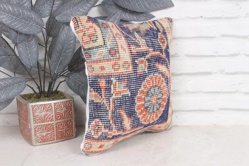 Cushion Cover, Turkish Kilim Pillow, Customized Pillow Sham, Art Deco Cushion, Vintage Kilim Pillow, 12x12 Blue Pillow Cover, Handmade Kilim Cushion - 4