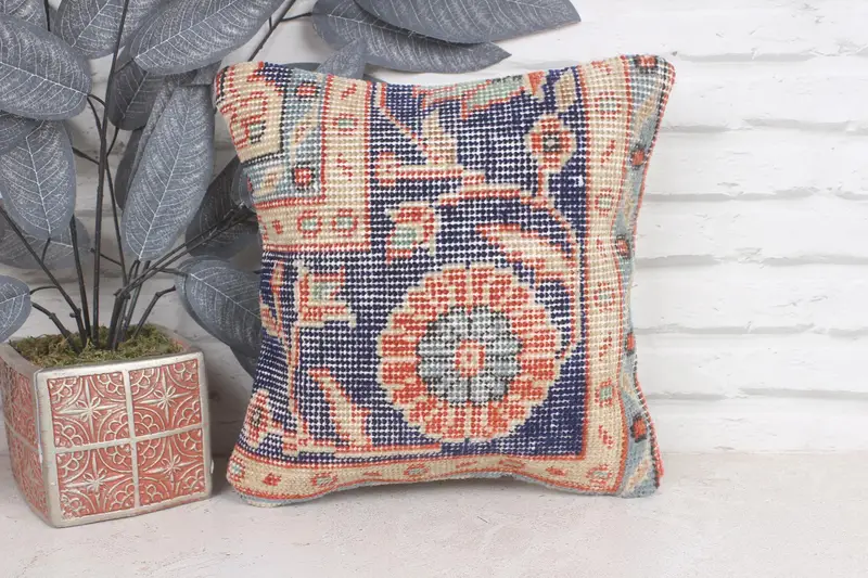 Cushion Cover, Turkish Kilim Pillow, Customized Pillow Sham, Art Deco Cushion, Vintage Kilim Pillow, 12x12 Blue Pillow Cover, Handmade Kilim Cushion - 1