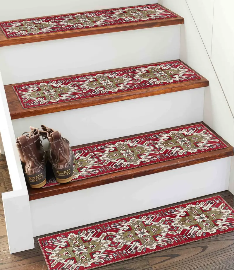 Red Ethnic Kilim Stair Rug, Bohemian Aztec Design Printed Rug