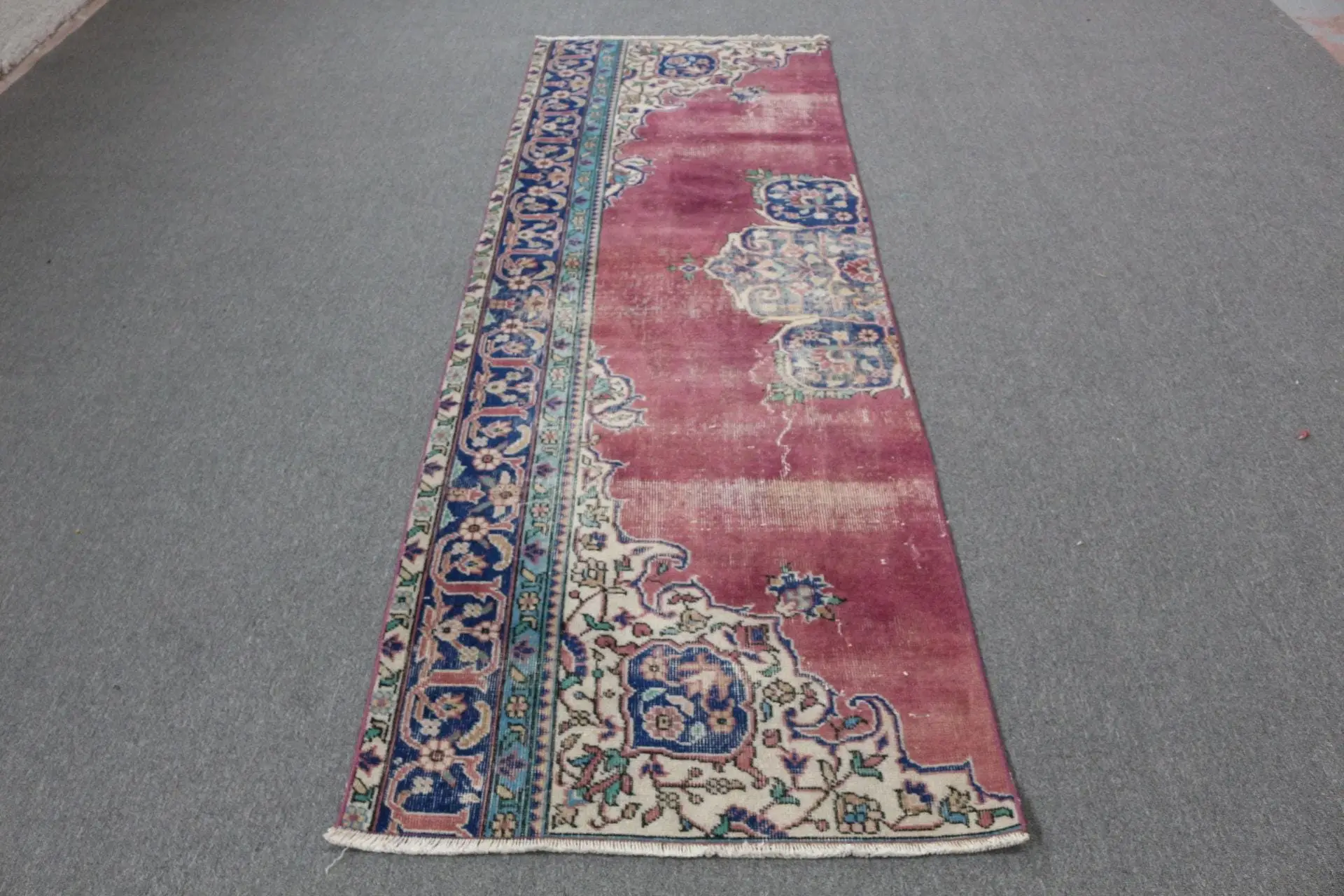 2.9x8.6 ft Turkish Runner Rug, Red Blue Vintage Check Wool Rug - 1