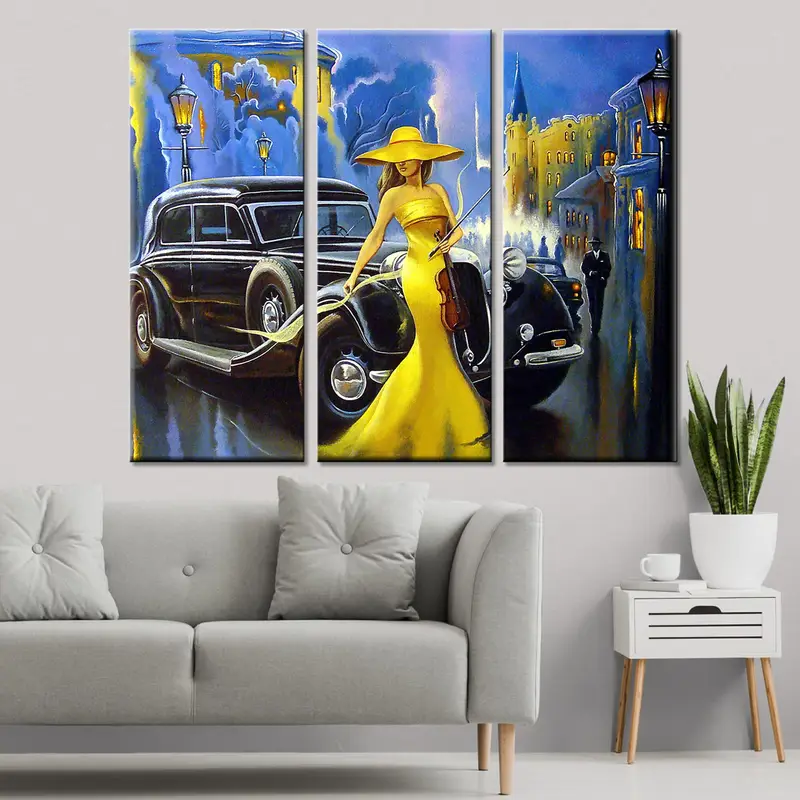 Vintage Car Poster, Car And Girl Canvas, Old City Art Painting, Yellow Woman Wall Art, Car And Girl Wall Decor, Classic Car Oil Painting - 3