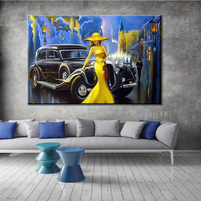 Vintage Car Poster, Car And Girl Canvas, Old City Art Painting, Yellow Woman Wall Art, Car And Girl Wall Decor, Classic Car Oil Painting - 4