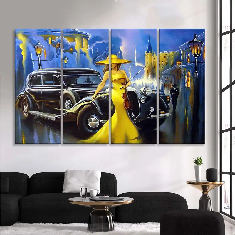 Vintage Car Poster, Car And Girl Canvas, Old City Art Painting, Yellow Woman Wall Art, Car And Girl Wall Decor, Classic Car Oil Painting - 2