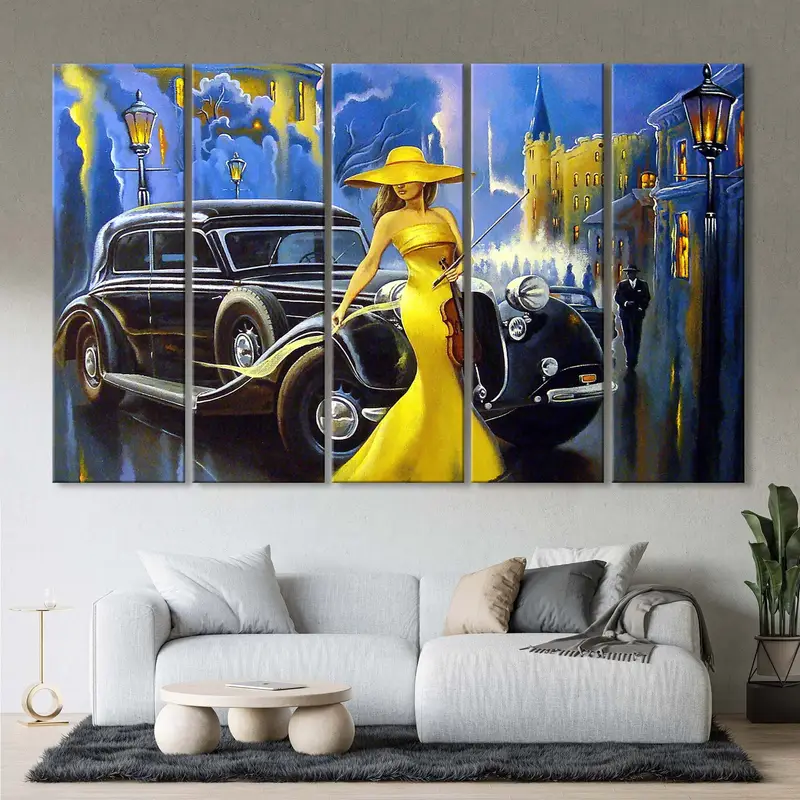 Vintage Car Poster, Car And Girl Canvas, Old City Art Painting, Yellow Woman Wall Art, Car And Girl Wall Decor, Classic Car Oil Painting - 5