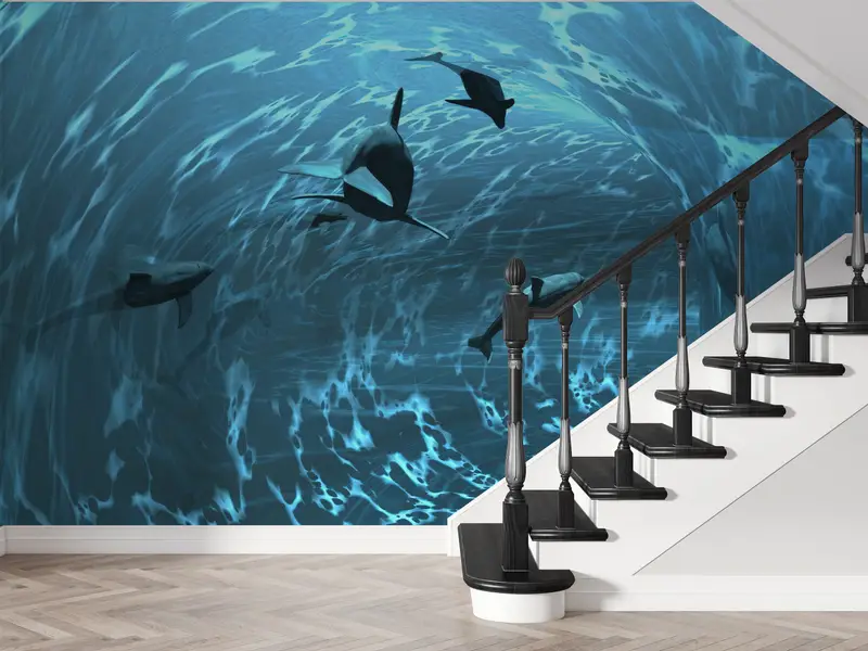 Zarif Sualtı Deniz Manzarası Baskılı Duvar Kağıdı: Mavi Balıklar ve Deniz Cazibesi