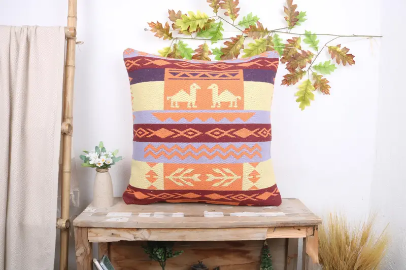 Pillow, Vintage Pillow, Vintage Kilim Pillow, 24x24 Yellow Cushion Cover, Handmade Rug Seat Cushion Case, Boho Pillow Sham Cover - 1
