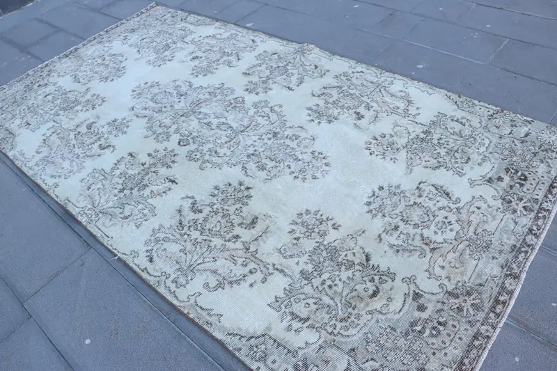 4.8x9.3 ft Türk Oushak Halısı, Gri Katı Vintage Yün Halı - 1