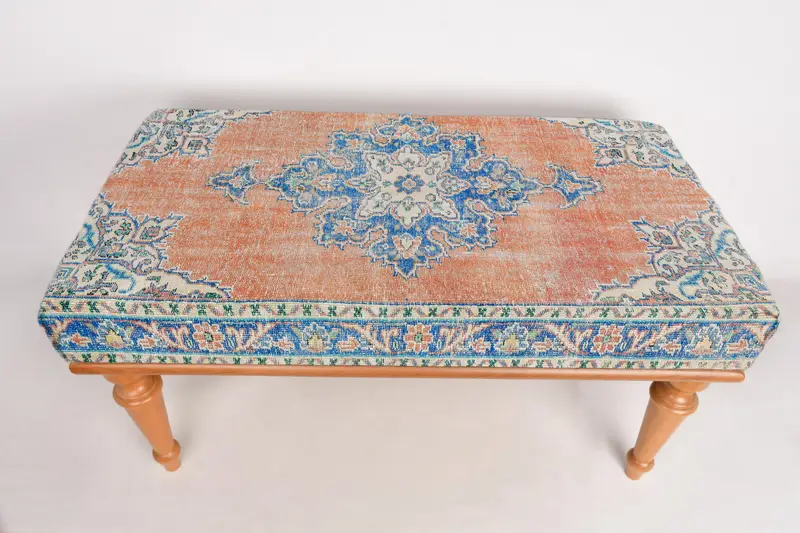 モジュール式オットマンセット、キリム風のブルーとオレンジのウールブレンドオットマン